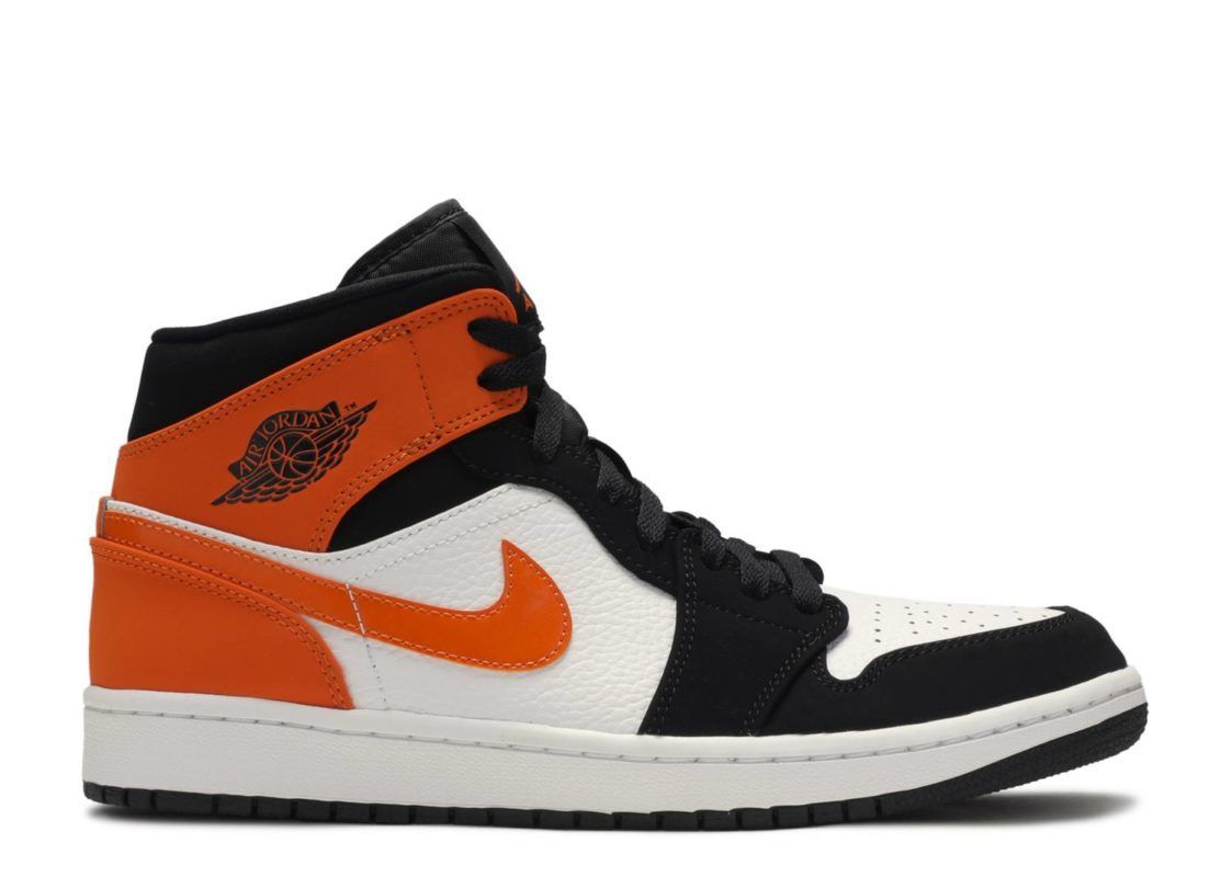 Nike Air Jordan 1 Retro Mid Shattered Backboard, белые с оранжевым и черным, кожа, нубук, женские, зимние